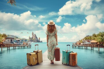 Young woman with suitcase at luxury resort. Travel and vacation concept, rear view of Happy travel...