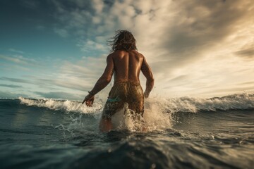 Sexy young man in a swimsuit splashing in the sea at sunset, rear view of man surfer running in the ocean with a surfboard, AI Generated