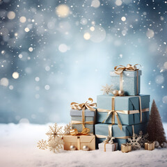 Winter's Christmas festivities adorned with gift boxes, trees, and ornaments against a backdrop of snowflakes. A joyful celebration of the New Year in a special and festive setting