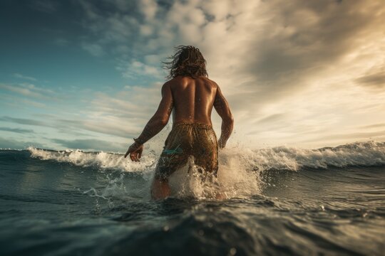 Sexy Young Man In A Swimsuit Splashing In The Sea At Sunset, Rear View Of Man Surfer Running In The Ocean With A Surfboard, AI Generated