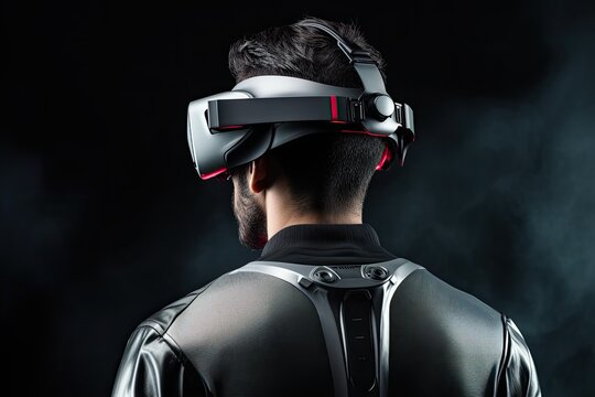 Rear view of man wearing VR headset while standing against black background, Rear view of man wearing virtual reality headset. 3d rendering, AI Generated