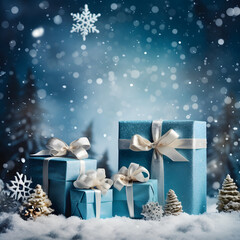 Winter's Christmas festivities adorned with gift boxes, trees, and ornaments against a backdrop of snowflakes. A joyful celebration of the New Year in a special and festive setting