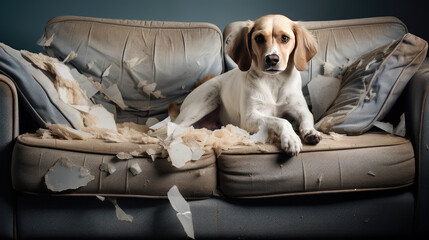 An adult domestic dog stripped the couch in the room. Playful dog ruin furniture and tear upholstery of sofa.  - obrazy, fototapety, plakaty
