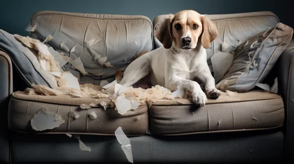 Foto op Aluminium An adult domestic dog stripped the couch in the room. Playful dog ruin furniture and tear upholstery of sofa.  © IndigoElf