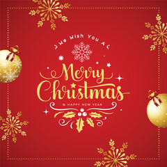 Vector elegant merry Christmas social media posts  template and Card design with luxury gold snowflake and bauble abstract red background. Holiday, happy new year and winter festival design