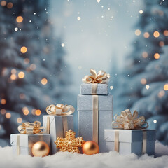 Winter's Christmas festivities adorned with gift boxes, trees, and ornaments against a backdrop of snowflakes. A joyful celebration of the New Year in a special and festive setting