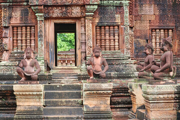 Monkey Guardians statue from Hindu epic Ramayana at 10th Century Banteay Srei Temple at Siem Reap,...