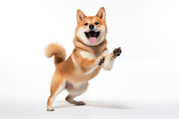Shiba Inu dog its paws lifted in delight and a joyful expression on its face