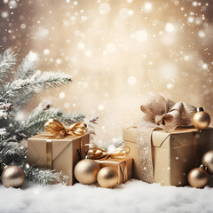 Winter's Christmas festivities adorned with gift boxes, trees, and ornaments against a backdrop of snowflakes. A joyful celebration of the New Year in a special and festive setting