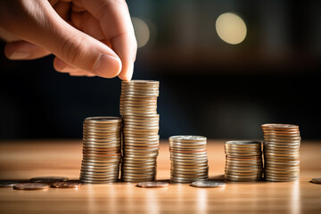 Hand Stacking Coins in Ascending Order. Investment Growth.