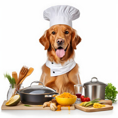 Adorable Golden Retriever dog dressed as a chef, ready to cook dinner in the kitchen. A delightful and humorous moment capturing the essence of pets in a culinary setting