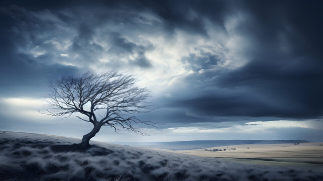 tree in the desert, Long exposure photography of a stormy sky in an etherial grassy plain