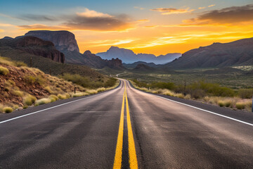 An asphalt road with a yellow dividing strip leads into the distance. Mountain landscape in the background.