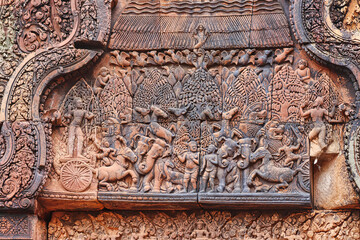 Stone Bas reliefs from hindu mythology at Banteay Srei - 10th century Hindu temple and masterpiece...