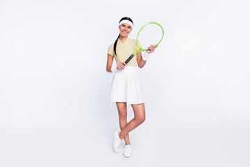 Full length body size view of attractive content cheerful girl playing national league tennis isolated over white color background