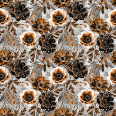 Seamless retro floral pattern. White, brown flowers on a gray background. 