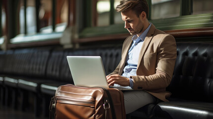 Naklejka na ściany i meble Businessman with laptop working in airport lounge