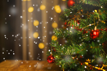 Christmas tree and lights, Christmas backdrop, snow, balls