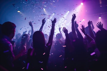 Fototapeta na wymiar Close up photo of many party people dancing purple lights confetti flying everywhere nightclub event hands raised up.