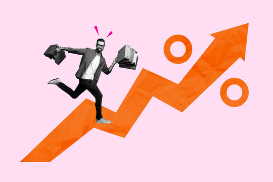 Image collage sketch of funky cheerful man running store mall huge arrow up isolated on drawing background