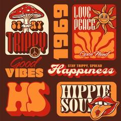 Groovy hippie 70s stickers. Funny cartoon flower, rainbow, peace, Love, smile, mushroom, eye. Sticker pack in trendy retro psychedelic cartoon style 60s. Flower power. Good vibes. Stay groovy