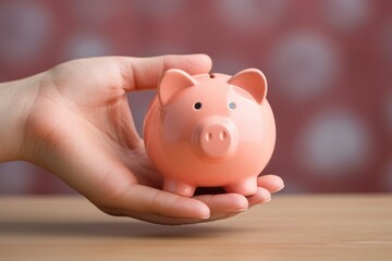 Hand of child keep coin to save with his pink piggy bank