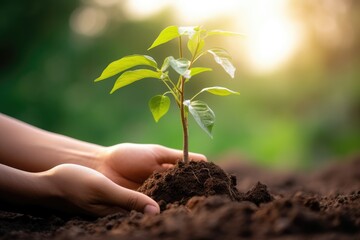 Hand planting a tree, sowing hope for a greener and more sustainable future for the environment. - obrazy, fototapety, plakaty