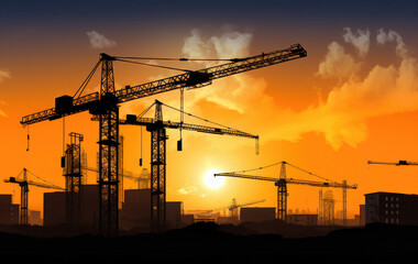 Industrial construction cranes and building silhouettes.