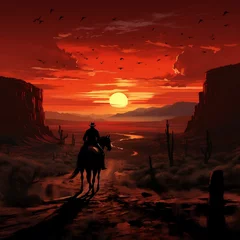 Foto auf Acrylglas Rot  violett a man on horses, at sunset, in the style of 2d game art, realistic scenery, red and black, passage, desertwave, traditional landscapes, natural phenomena.