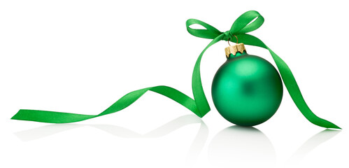 Christmas green bauble with ribbon bow isolated on white background - obrazy, fototapety, plakaty