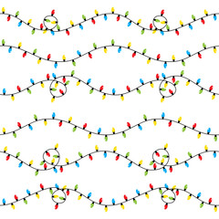 Seamless pattern Christmas garlands with a colored light bulb. Christmas greeting card element. Vector illustration flat design.	