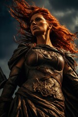 A dramatic midrange shot a the warrior queen, in a defiant stance against the backdrop of a Roman settlement, symbolizing resistance and courage