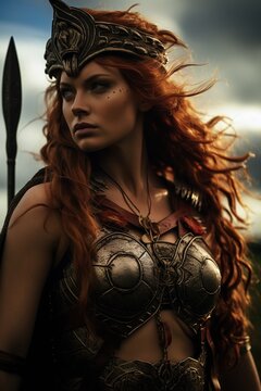 A dramatic midrange shot a the warrior queen, in a defiant stance against the backdrop of a Roman settlement, symbolizing resistance and courage