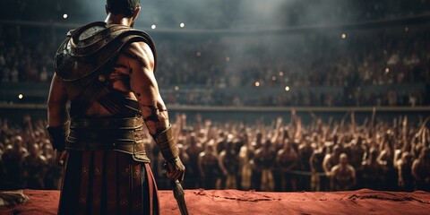 Obraz premium A dramatic scene showing the aftermath of a gladiator fight, with one fighter victorious, standing exhausted but triumphant amidst the cheers of the crowd, while arena attendants remove the defeated