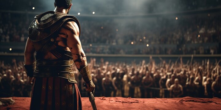 A dramatic scene showing the aftermath of a gladiator fight, with one fighter victorious, standing exhausted but triumphant amidst the cheers of the crowd, while arena attendants remove the defeated