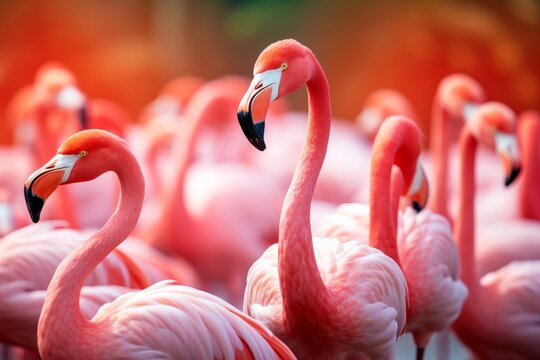Group of pink flamingos in their natural habitat. Close up and selective focus photography
