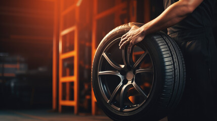Man is changing a tire at an auto repair shop. Atomechanic holding a tire and repairing it. Creative banner for car repair shop.  - obrazy, fototapety, plakaty