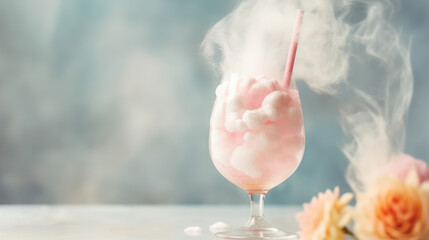 Pink cotton candy cocktail in glass with straw, copy space, pastel cute colors. Sweet alcoholic...