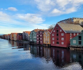 Aerial view of river surrounded by buildings in Trondheim