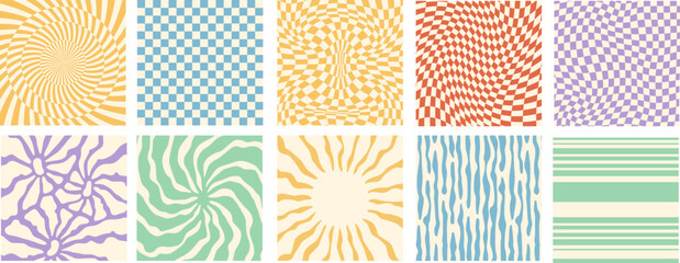 Groovy hippie 70s backgrounds. Waves, swirl, twirl, flower, rays pattern. Twisted and distorted vector set in retro psychedelic style. Y2k aesthetic.