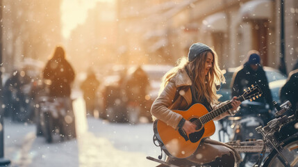 Young girl guitarist perform on a winter snowy street. Woman singing and playing guitar, street musicians, performance.  - obrazy, fototapety, plakaty