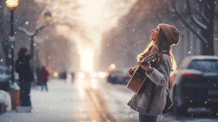 Obraz na płótnie Canvas Young girl guitarist perform on a winter snowy street. Woman singing and playing guitar, street musicians, performance. 