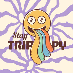 Groovy hippie 60s sticker. Funny cartoon smile with rainbow on flower background. Sticker in trendy retro psychedelic cartoon style 70s. Flower power. Stay trippy. Stay groovy.