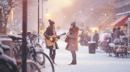 Young girl guitarist perform on a winter snowy street. Woman singing and playing guitar, street...