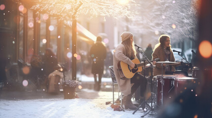 Young girl guitarist perform on a winter snowy street. Woman singing and playing guitar, street musicians, performance.  - obrazy, fototapety, plakaty