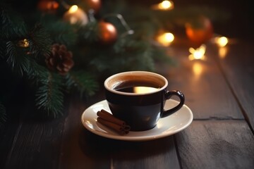 Christmas coffee on wooden table with christmas tree. Generative AI