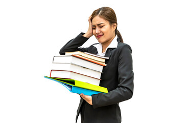 Asian teacher feeling headache with stack of books and fils on white background, hard working bookeeper woman holding pile of textbooks