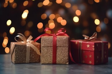 Christmas gift boxes with ribbons on bokeh background. Generative AI