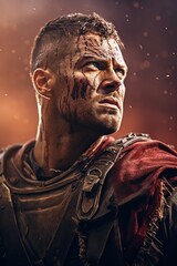 A powerful midrange depiction of Spartacus, the legendary gladiator and leader of a slave rebellion, in a moment of rallying his followers, his expression one of determination and inspiring leadership