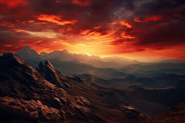 Naklejka premium View from the top of a high mountain, evening atmosphere in blue and red tones.
